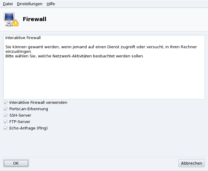 Optionen der interaktiven Firewall