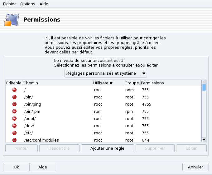Configuration des vérifications des permissions des fichiers