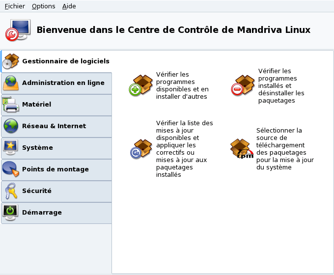 Gestion d'applications dans le Centre de contrôle Mandriva Linux
